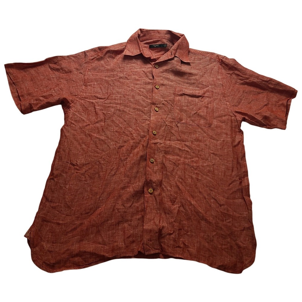 Tom James Men's L Short Sleeve Button Up‎ Shirt Rust Orange Linen Blend Pocket